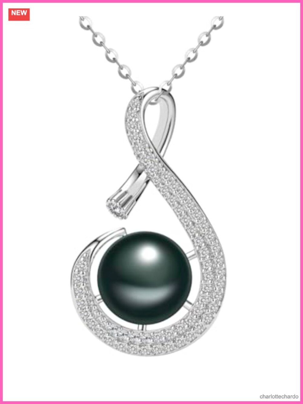 Natural Tahitian Black Pearl Pendant Necklace 925 Sterling Silver 18K White